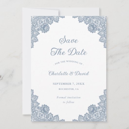 Elegant Dusty Blue Floral Lace Wedding Save The Date (Voorkant)