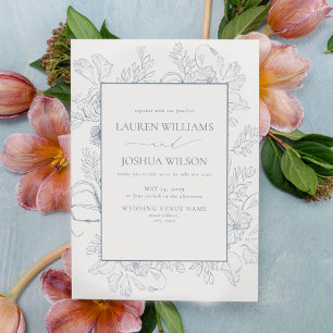 Elegant Dusty Blue Floral Line Art Wedding Kaart