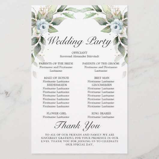 Élégant Dusty Blue Floral Mariage programme de cér (Dos)