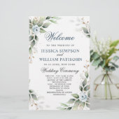 Élégant Dusty Blue Floral Mariage programme de cér (Debout devant)