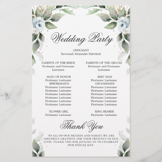 Élégant Dusty Blue Floral Mariage programme de cér (Dos)