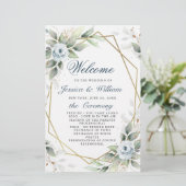 Élégant Dusty Blue Floral Mariage programme de cér (Debout devant)