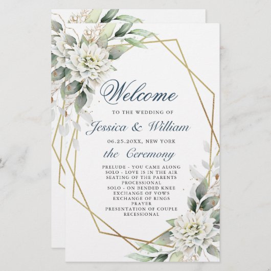 Élégant Dusty Blue Floral Mariage programme de cér (Devant / Derrière)