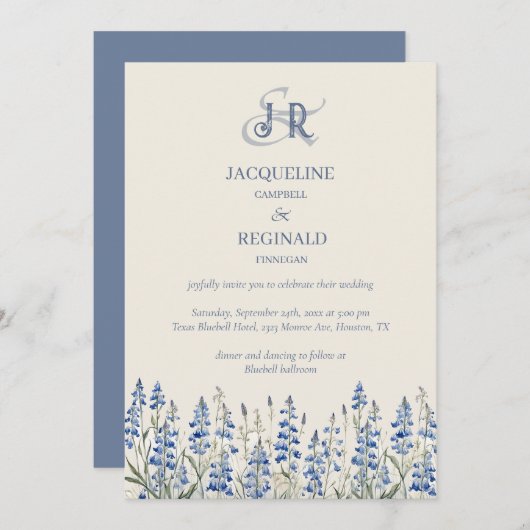 Elegant Dusty Blue Floral Monogram Bruiloft Kaart (Voorkant / Achterkant)