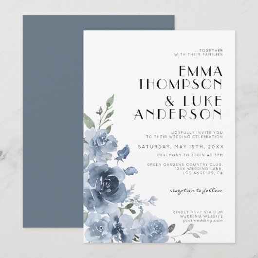 Elegant Dusty Blue Floral Pastel Wedding Kaart (Voorkant / Achterkant)