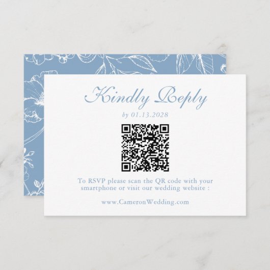 Elegant Dusty Blue Floral QR Code Wedding RSVP  (Devant / Derrière)