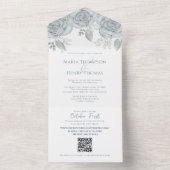 Elegant Dusty Blue Floral QR Code Weduwbudget All In One Uitnodiging (Binnen)