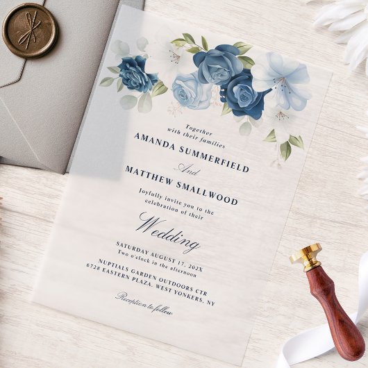 Elegant Dusty Blue Floral Script Wedding Vellum Uitnodigingen