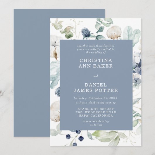 Elegant Dusty Blue Floral Wedding Invitation Kaart (Voorkant / Achterkant)