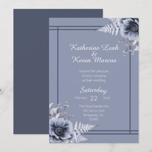 Elegant Dusty Blue Floral Wedding Invitation Kaart (Voorkant / Achterkant)