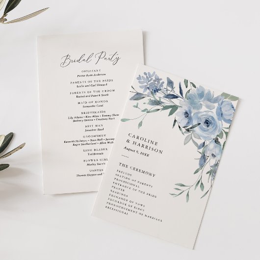Elégant Dusty Blue Floral Wedding Programme