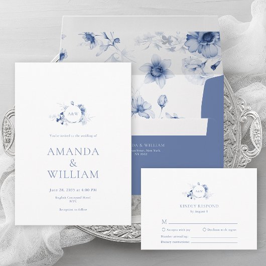 Elégant Dusty Blue Floral Wedding Programme