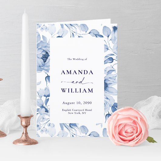 Elégant Dusty Blue Floral Wedding Programme