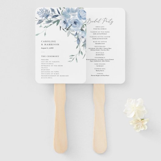 Elegant Dusty Blue Floral Wedding Programme Handwaaier (Voorkant en achterkant)