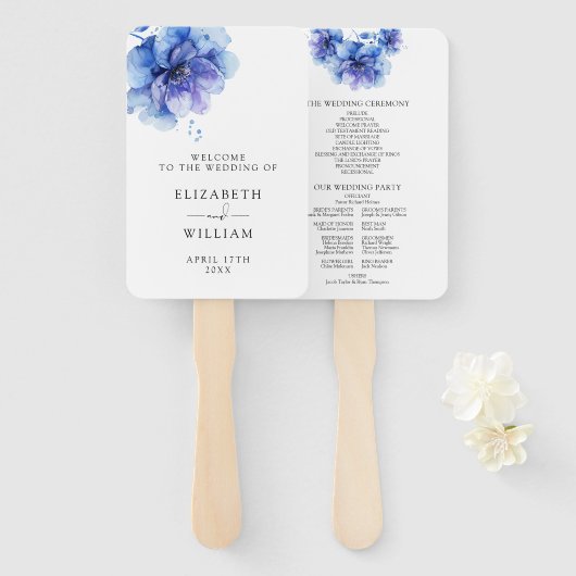 Elegant Dusty Blue Floral Wedding Programme Handwaaier (Voorkant en achterkant)