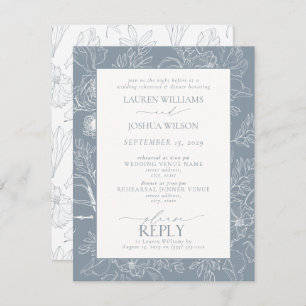Elegant Dusty Blue Floral Wedding Rehearsal Dinner Kaart