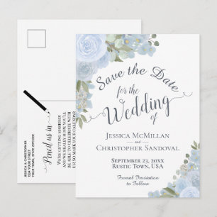 Elegant Dusty Blue Floral Wedding Save the Date Aankondigingskaart