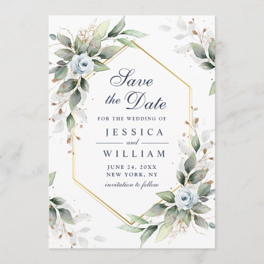 Elegant Dusty Blue Flowers Greenery Wedding Save The Date (Voorkant)