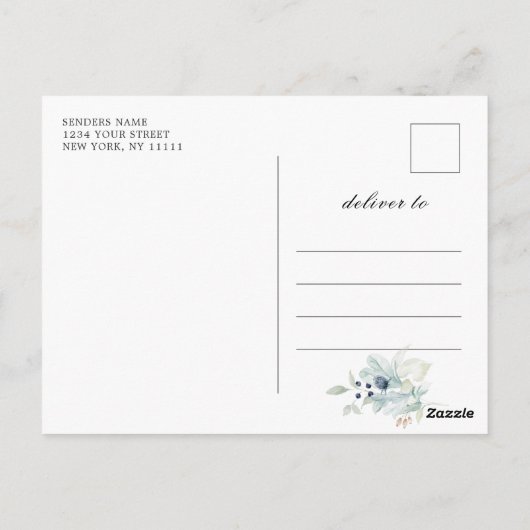 Elegant Dusty Blue Foliage Wedding Save the Date Briefkaart (Achterkant)