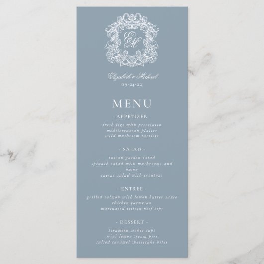 Elegant Dusty Blue Formal Monogram Crest Wedding Menu (Voorkant)