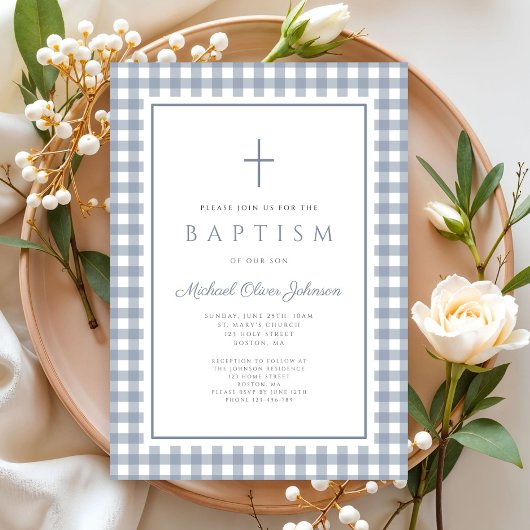 Elegant Dusty Blue Gingham Boy Baptism Kaart