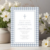 Elegant Dusty Blue Gingham Boy First Communion Kaart