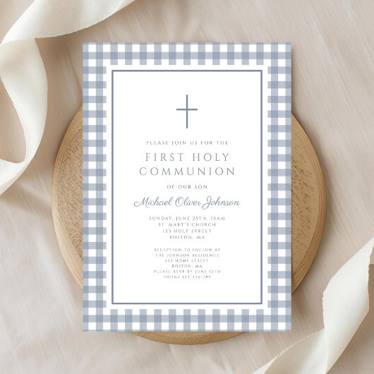 Elegant Dusty Blue Gingham Boy First Communion Kaart