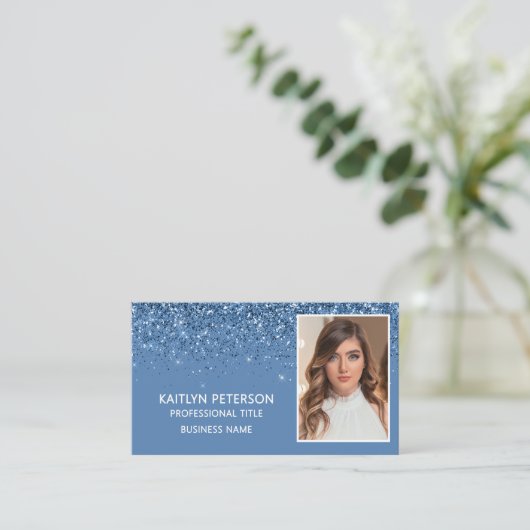Elegant Dusty Blue Glitter Photo QR Code Visitekaartje (Staand voorkant)