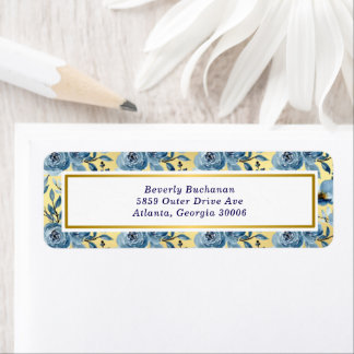 Elegant Dusty Blue Gold Floral Roos Retouradres Etiket