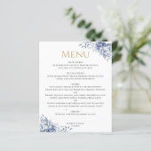 Elegant Dusty Blue Gold Floral Wedding Dinner Menu (Staand voorkant)