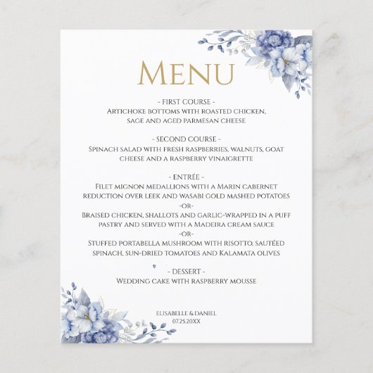 Elegant Dusty Blue Gold Floral Wedding Dinner Menu (Voorkant)