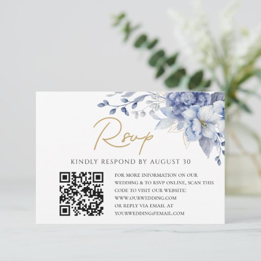 Elegant Dusty Blue gold  Wedding QR code RSVP (Staand voorkant)