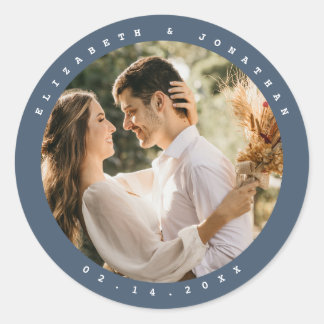 Elegant Dusty Blue Gray Couple Photo Wedding Favor Ronde Sticker