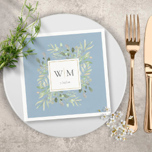 Elegant Dusty Blue Greenery Gold Monogram Servet