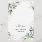 Elegant Dusty Blue Greenery Wedding Dinner Menu (Achterkant)