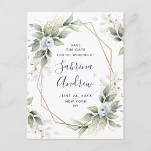 Elegant Dusty Blue Greenery Wedding Save the Date Briefkaart