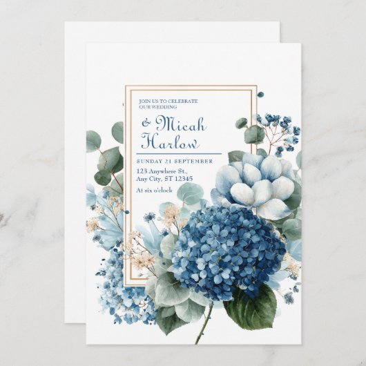 Elegant Dusty Blue Hydrangea Eucalyptus Gold Frame Kaart (Voorkant / Achterkant)