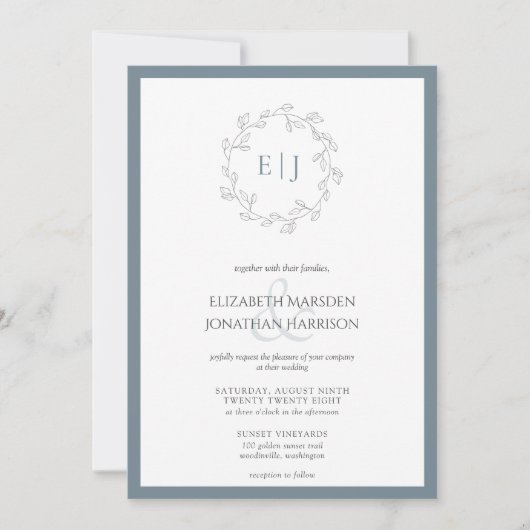 Elegant Dusty Blue Leaf Wreater Monogram Wedding Kaart (Voorkant)
