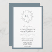 Elegant Dusty Blue Leaf Wreater Monogram Wedding Kaart (Voorkant / Achterkant)