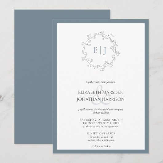 Elegant Dusty Blue Leaf Wreater Monogram Wedding Kaart (Voorkant / Achterkant)