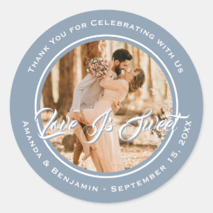 Elegant Dusty Blue Love Is Sweet Wedding Foto Ronde Sticker