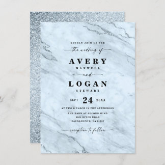 Elegant Dusty Blue Marble & Glitter Wedding Kaart
