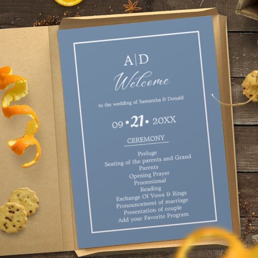 Elégant Dusty Blue Mariage Ceremony Programme