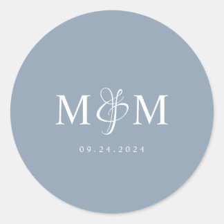 Elegant Dusty Blue Monogram Bruiloft Envelop Seal Ronde Sticker