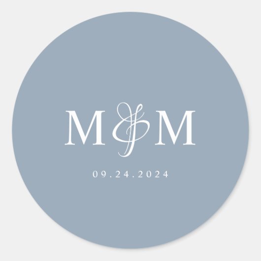 Elegant Dusty Blue Monogram Bruiloft Envelop Seal Ronde Sticker (Voorkant)