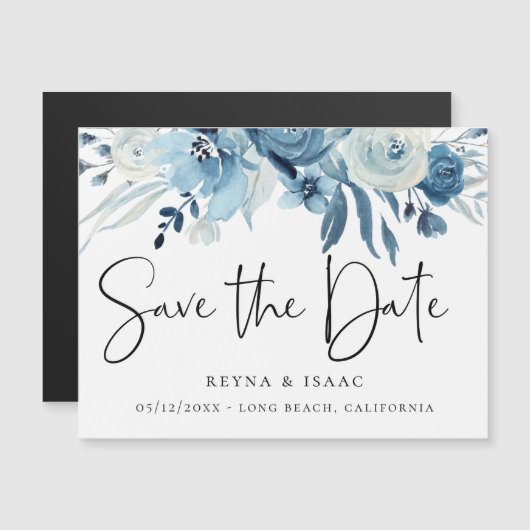 Elegant Dusty Blue Navy Floral Save the Date (Voorkant / Achterkant)