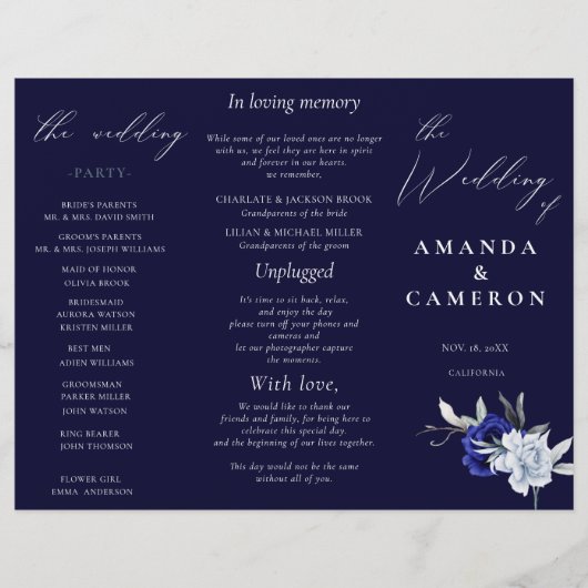 Elégant Dusty Blue Navy Floral Wedding Programme (Devant)