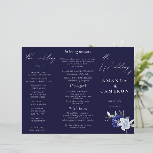 Elégant Dusty Blue Navy Floral Wedding Programme (Debout devant)