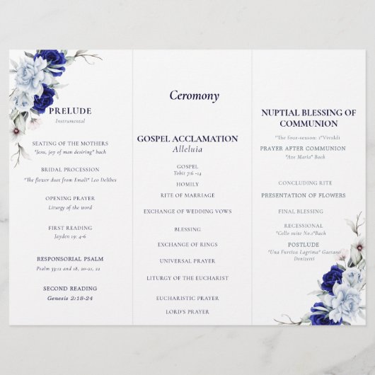 Elégant Dusty Blue Navy Floral Wedding Programme (Dos)