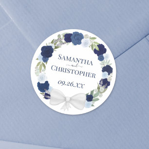 Elegant Dusty Blue & Navy Wreath of Rozen Wedding Ronde Sticker